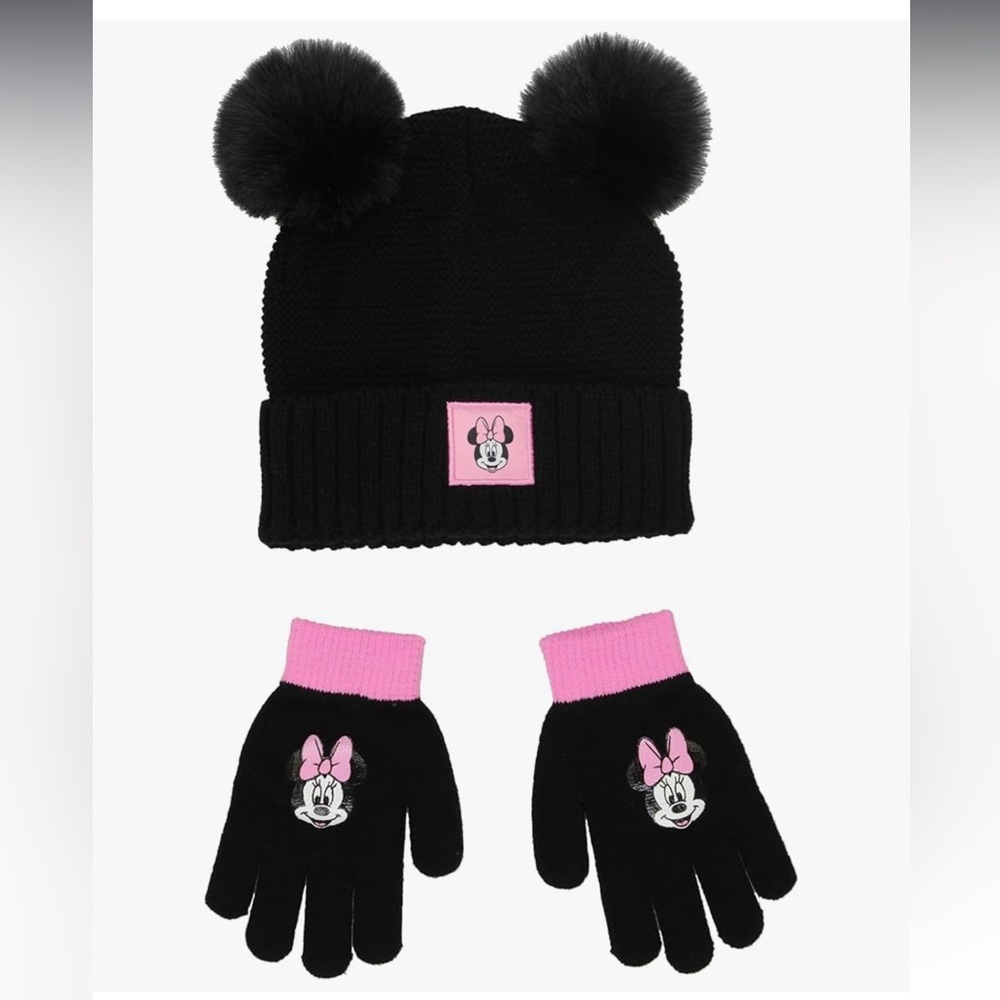 🆕 Minnie Mouse Big Kids Girls Knit Hat with Pom Pom Ears and Glove Set